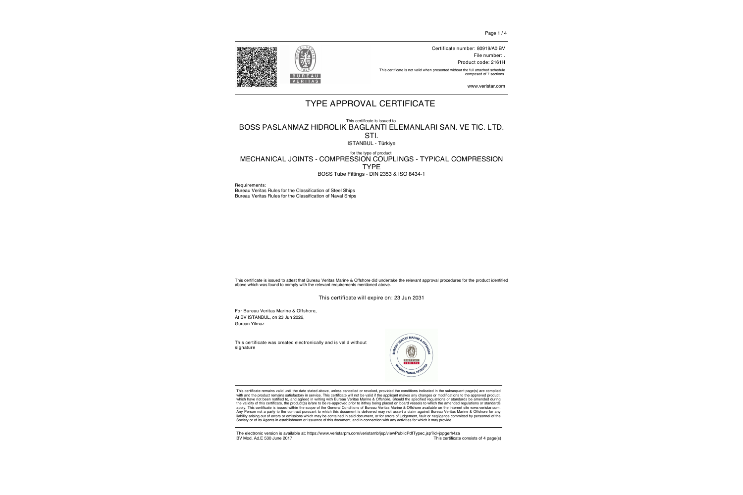 Bureau Veritas 80919/A0 BV boru bağlantı tip onay belgesi erişimde — belge kapağının tam önizlemesi