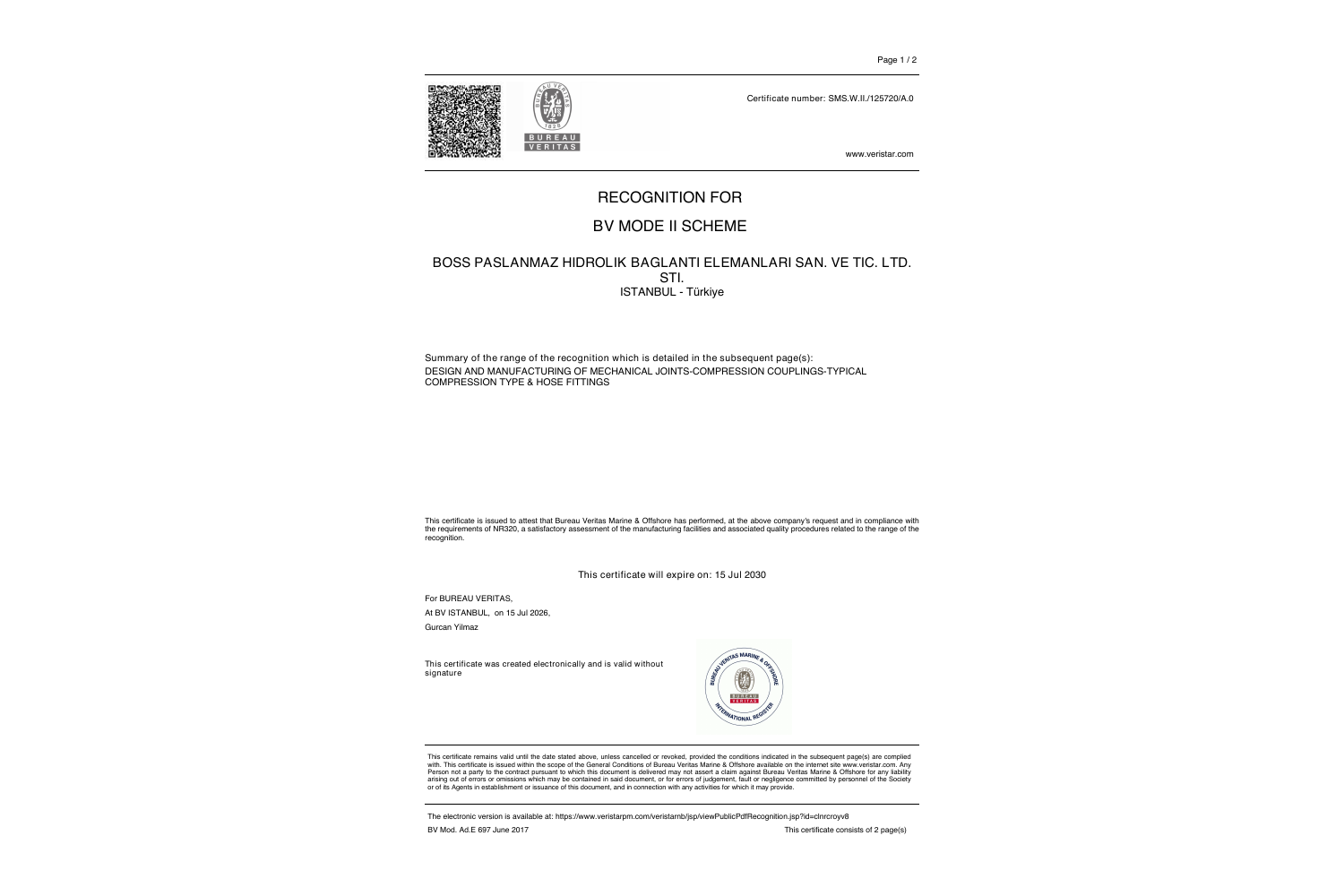 Bureau Veritas Mode II tanınma belgemiz erişimde — belge kapağının tam önizlemesi
