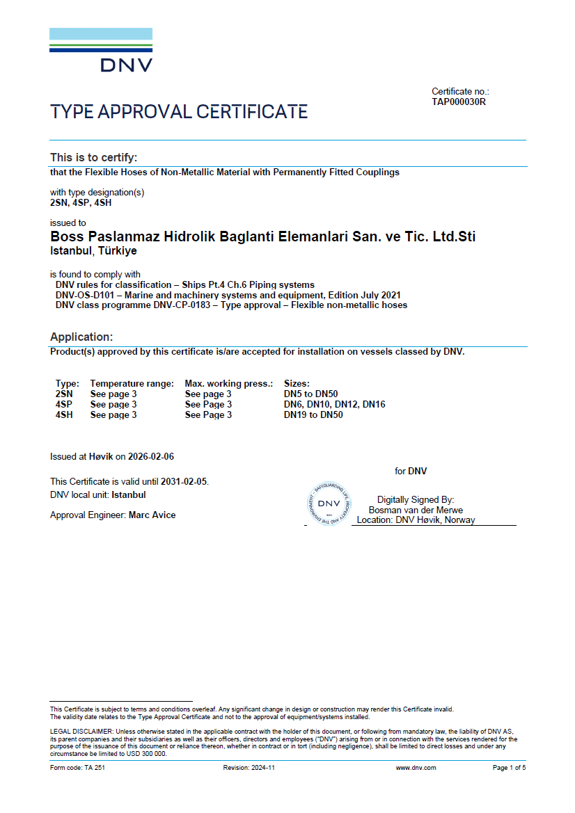 Hidrolik Hortum DNV tip onay sertifikamız yayınlandı.
